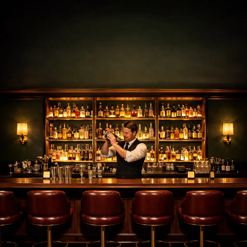 Elegant cocktail bar interior with dark green walls, walnut timber, brass shelving, and a bartender crafting a drink