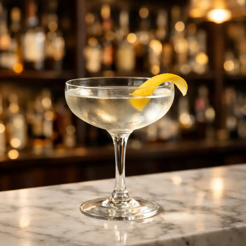 A classic cocktail in a coupe glass on a marble bar top with a citrus twist