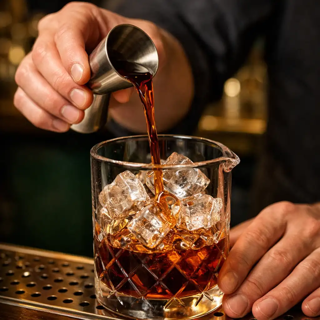 Bartender's hands pouring a spirit into a mixing glass with ice