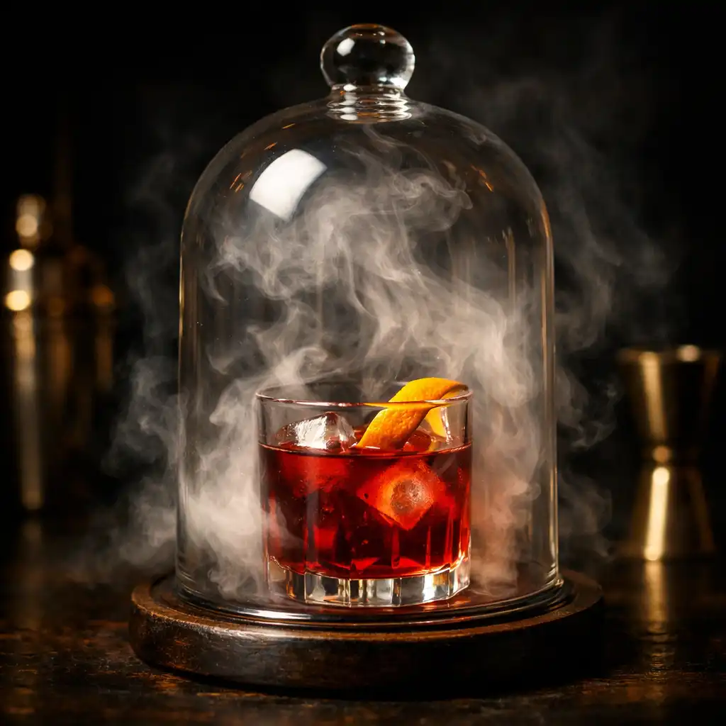 The Smoked Negroni under a glass cloche filled with oak smoke