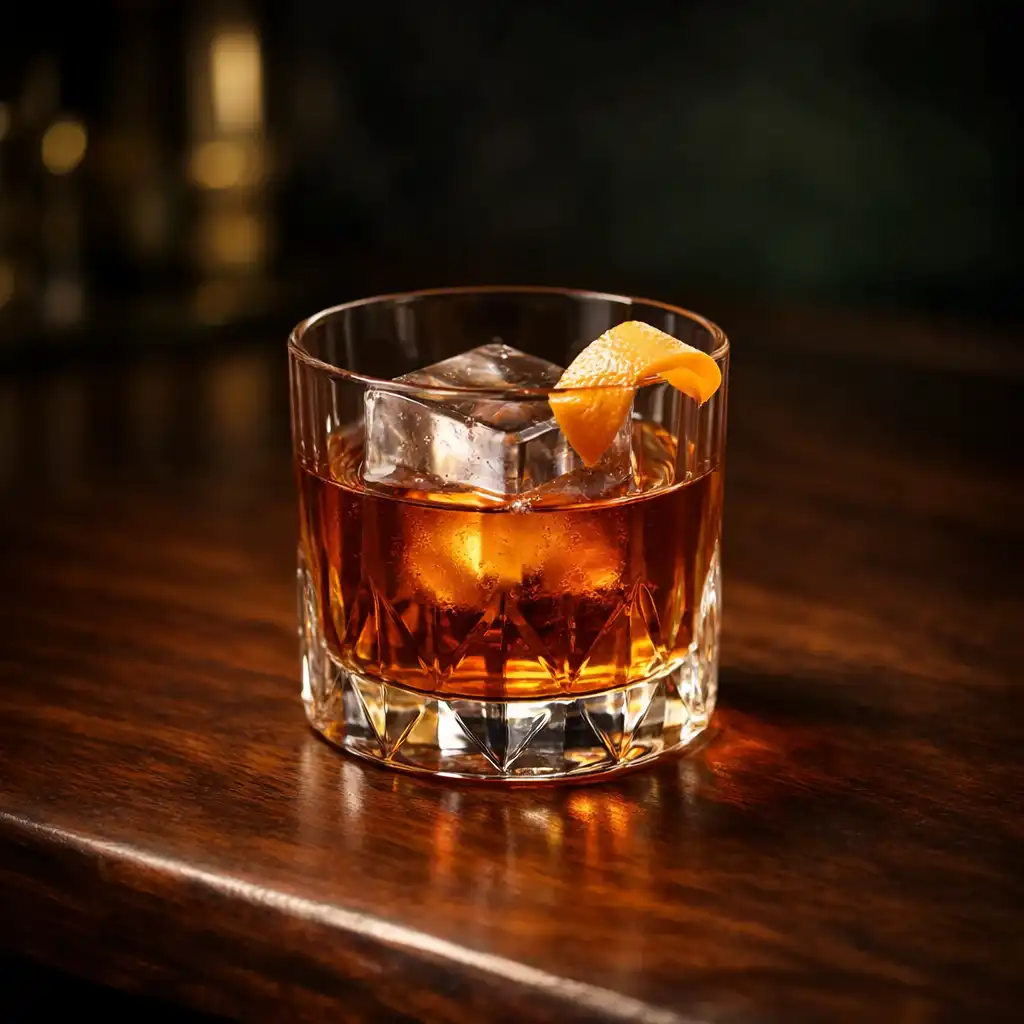 The Fortuna Old Fashioned in a crystal rocks glass with a large ice cube and orange twist