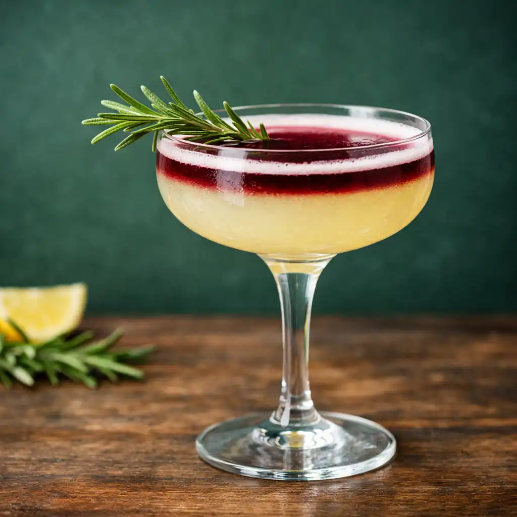 The Eagle Street Sour in a coupe glass with a rosemary sprig and red wine float