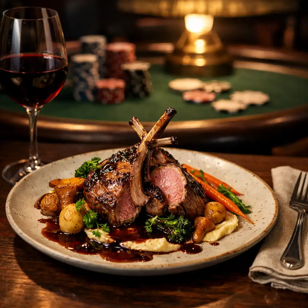 Plated main course on a dark timber table with a poker table softly blurred in the background