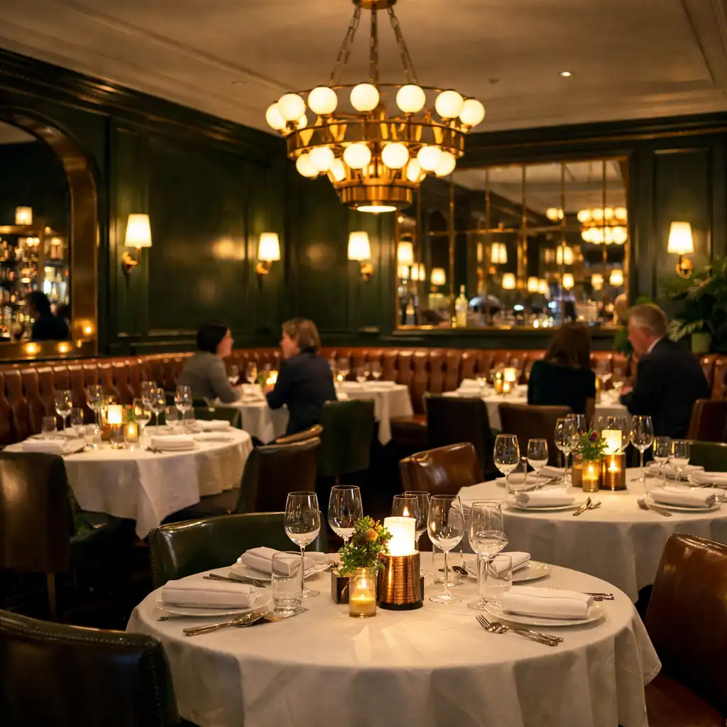 Main dining room during service with warm lighting and set tables
