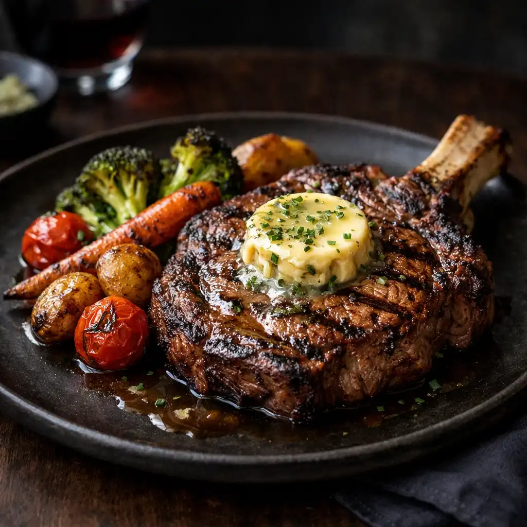 Elegant plated dish of grilled ribeye with bone marrow butter and roasted vegetables