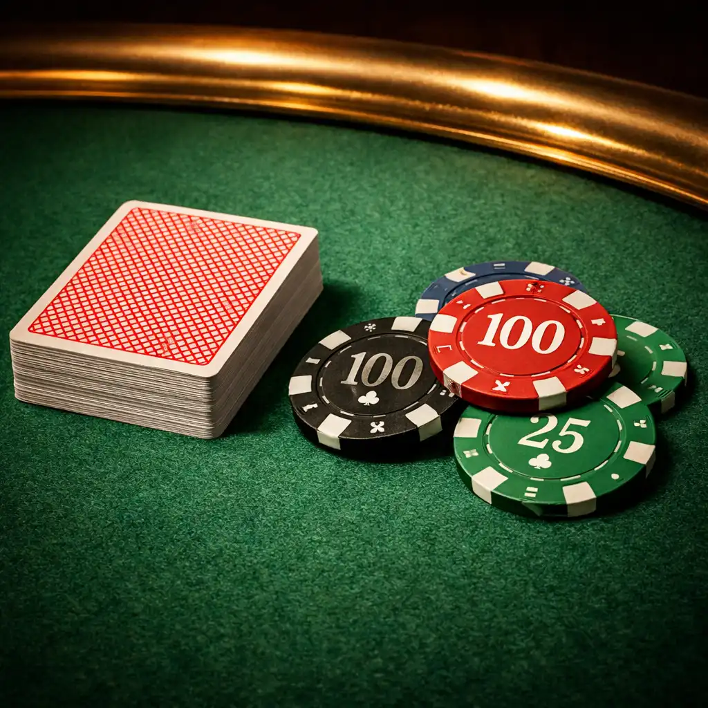 Close-up of a poker table surface with green felt and brass rail