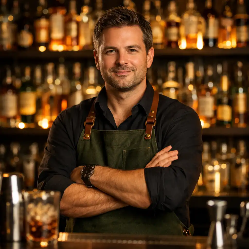 Head mixologist in a dark green apron standing behind the bar with arms crossed