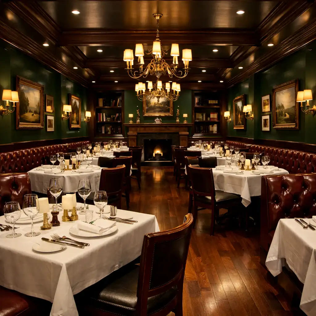 Grand dining room at Club de la Fortuna with dark green walls, polished timber floors, brass chandeliers, and leather banquettes