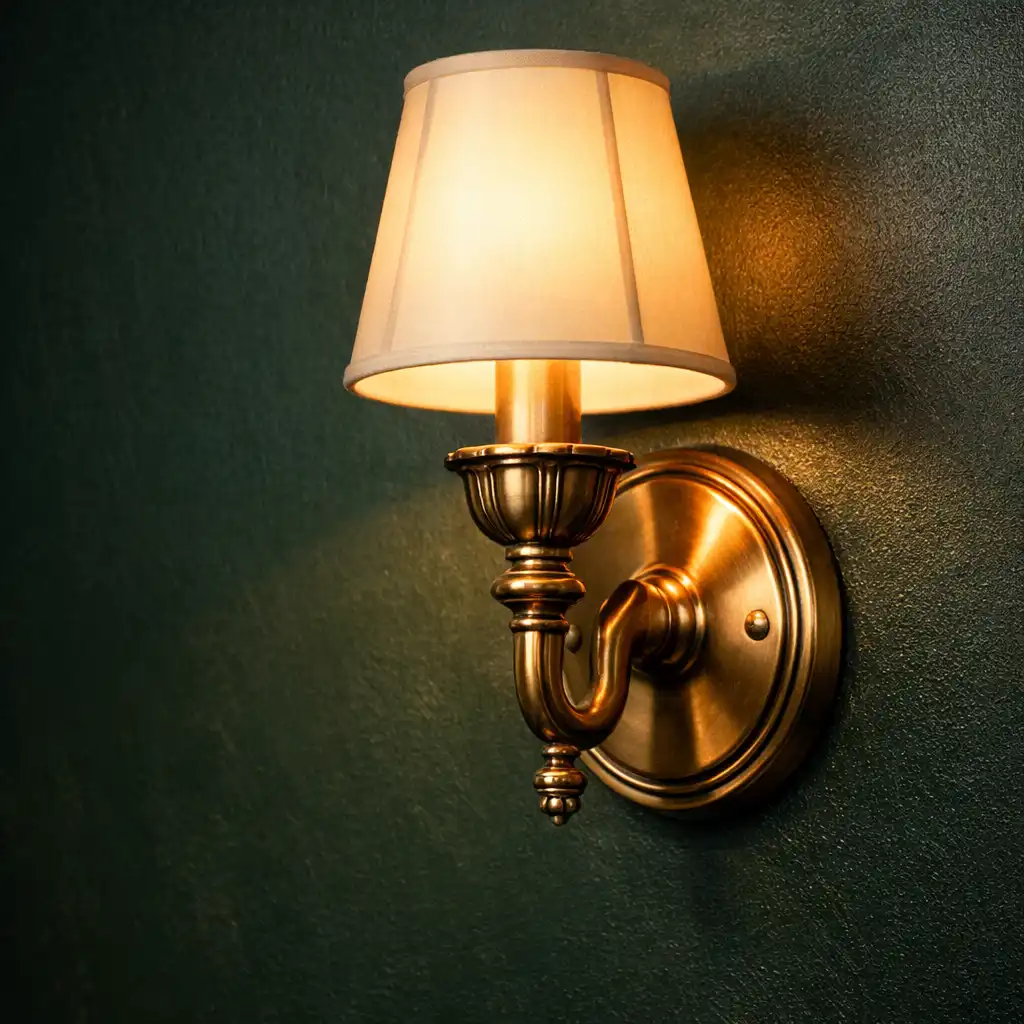 Brass wall sconce glowing against a dark green wall in the club interior