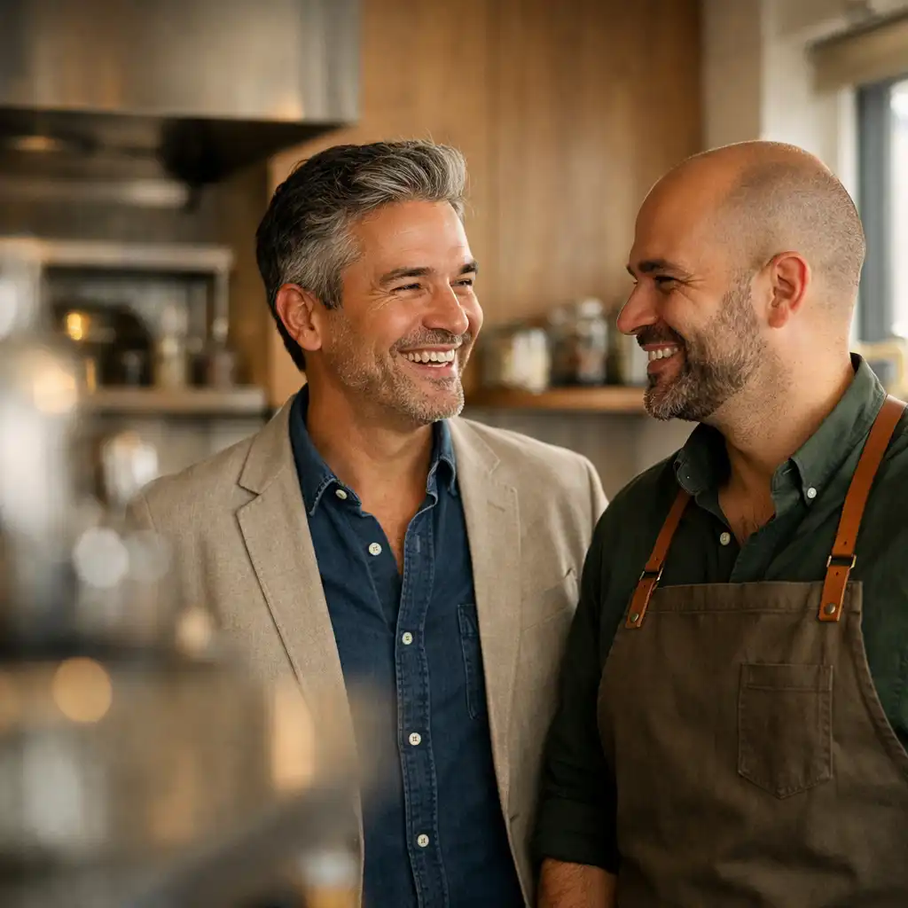 Two founders of Club de la Fortuna smiling in the kitchen