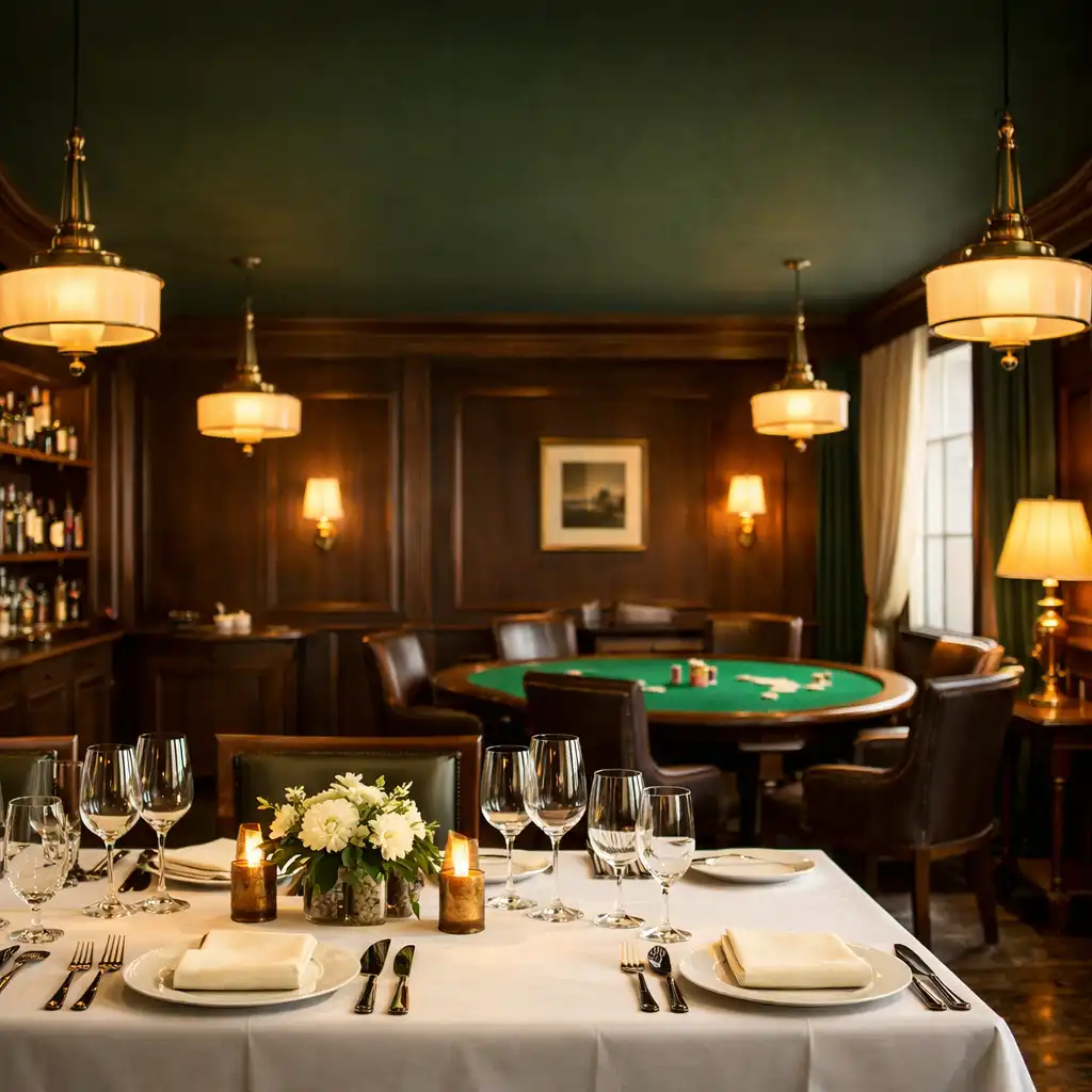 Elegant dining room at Club de la Fortuna with dark green walls, brass lighting, and a poker table in the background
