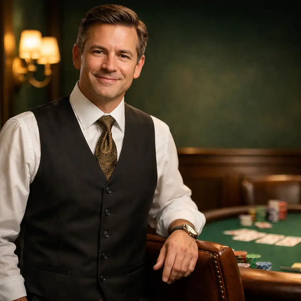 Poker lounge host at Club de la Fortuna in a smart vest and tie