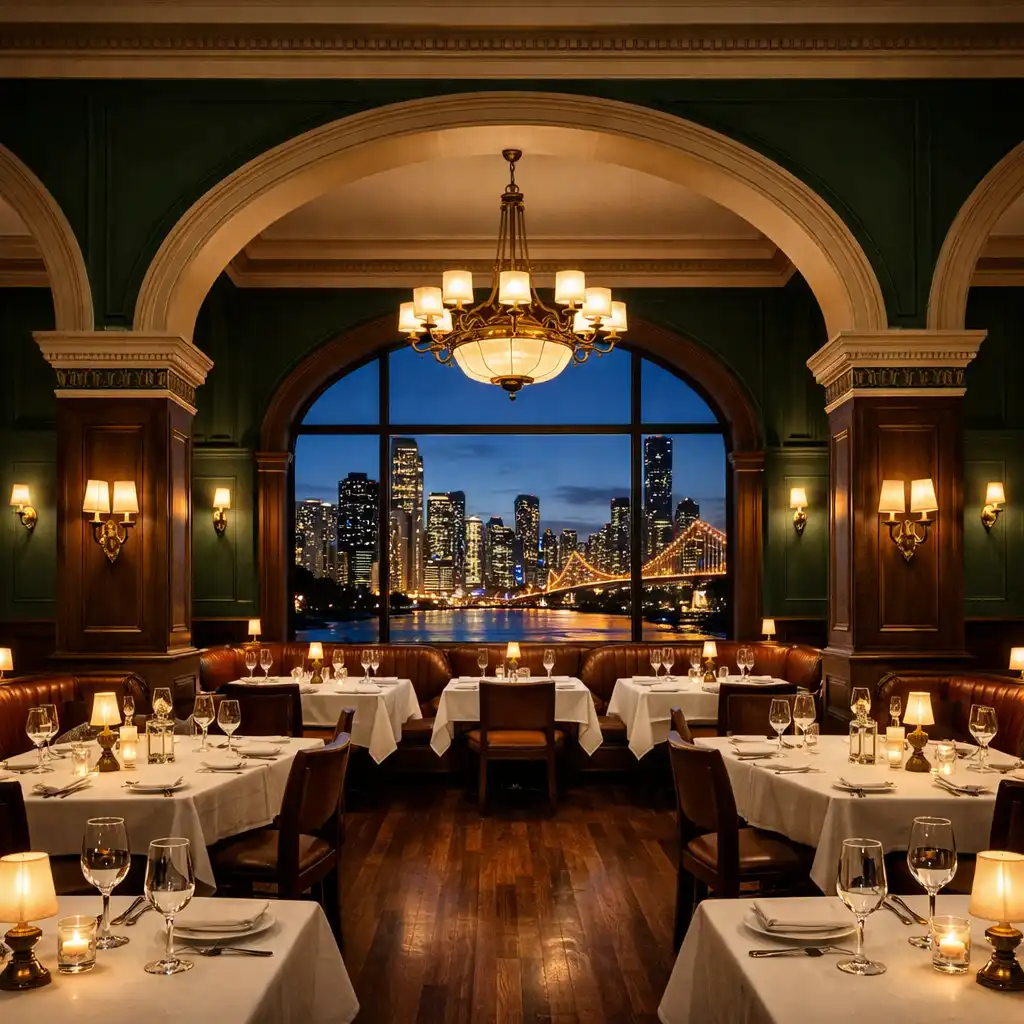 Main dining room at Club de la Fortuna with dark green walls, arches, and brass chandeliers