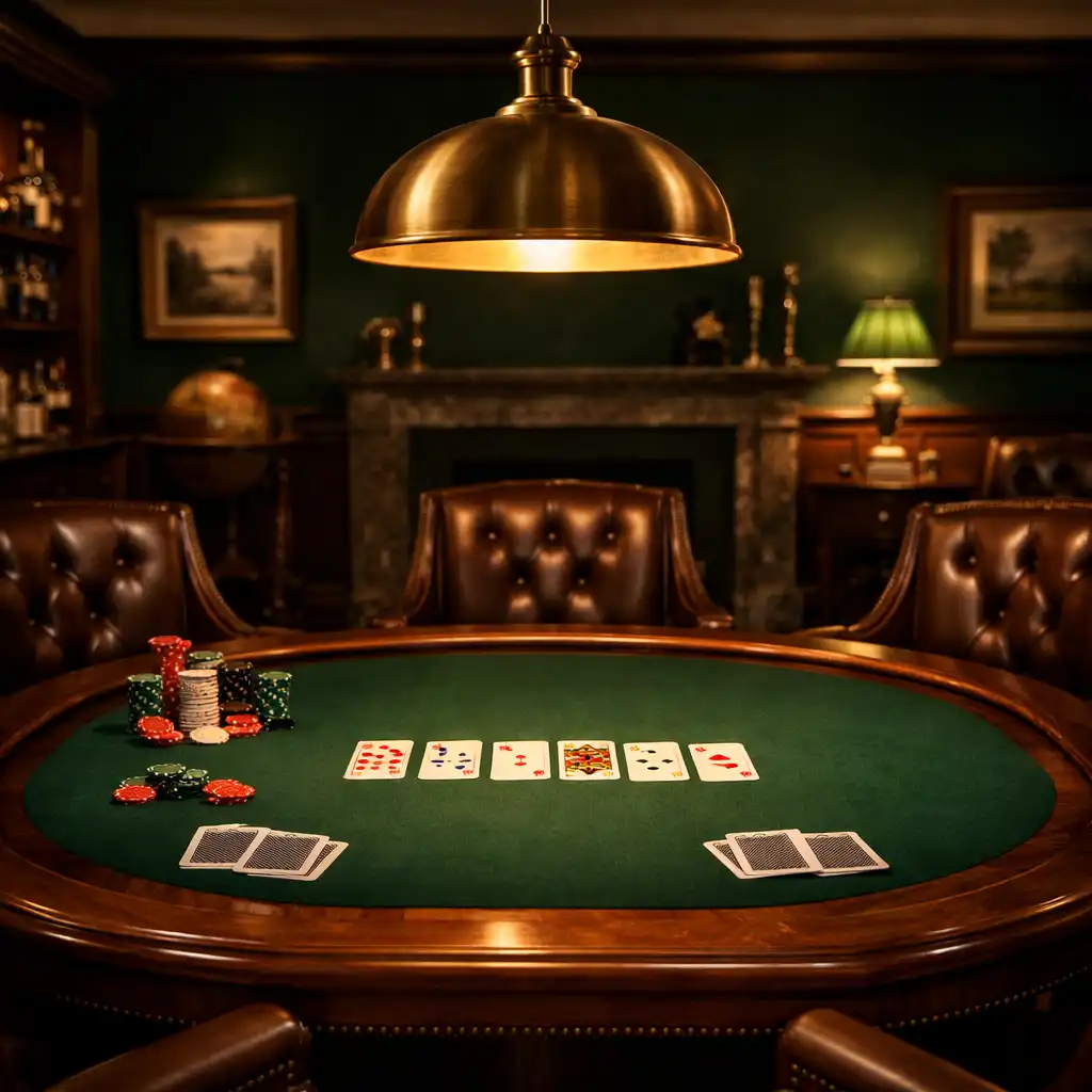 Dedicated poker lounge with polished walnut table and leather chairs