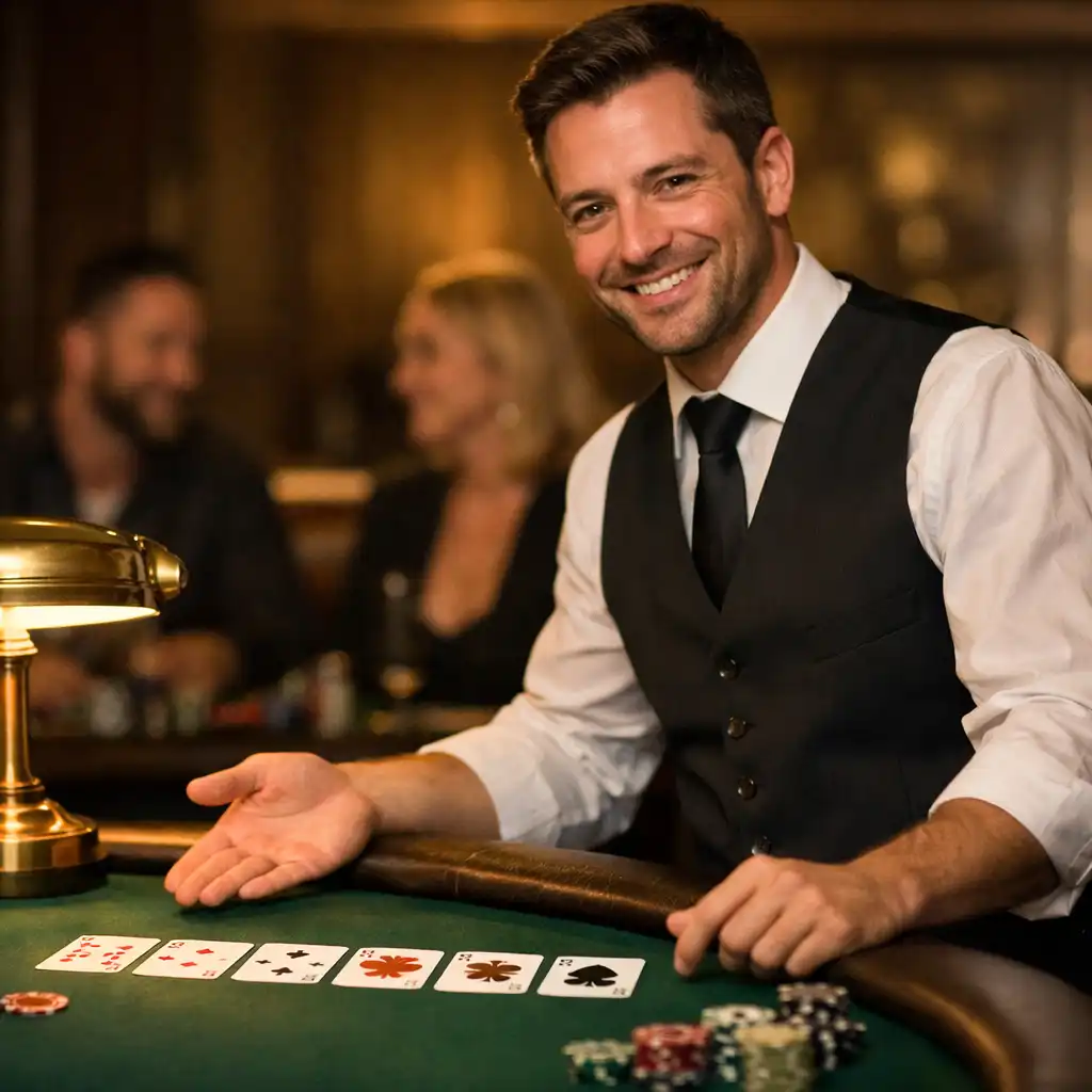 Poker host in a dark waistcoat standing beside a table and gesturing toward the cards