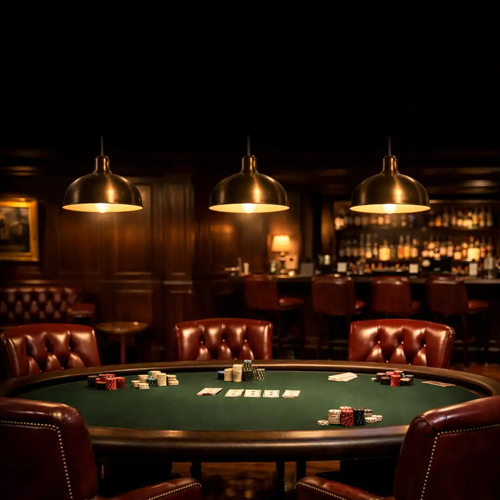 Elegant poker lounge with a dark green felt table, oxblood leather chairs, and warm brass pendant lights