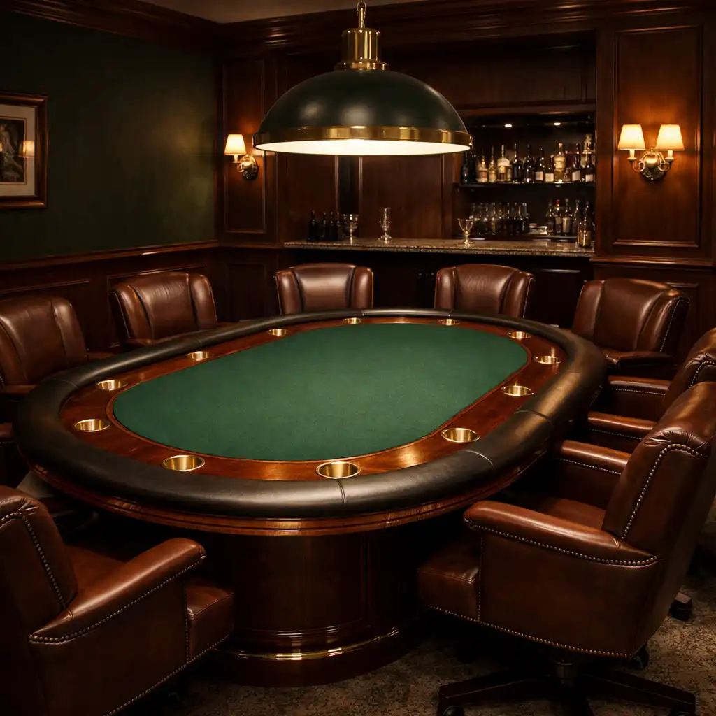 Dedicated poker lounge with a polished timber table, leather chairs, and warm brass lighting