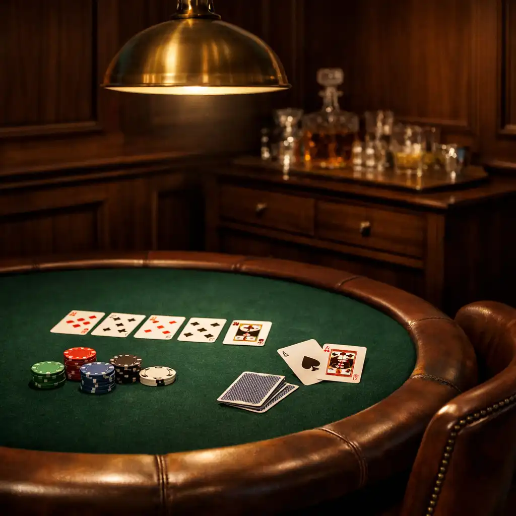 Intimate poker room with a round felt table, leather chairs, and a brass pendant light