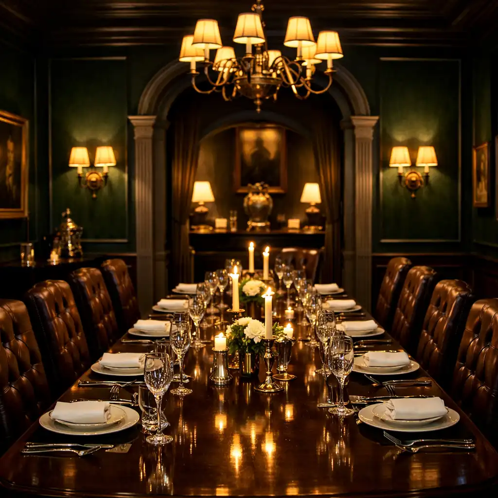 Elegant private dining room with dark green walls, polished walnut table, and brass lighting