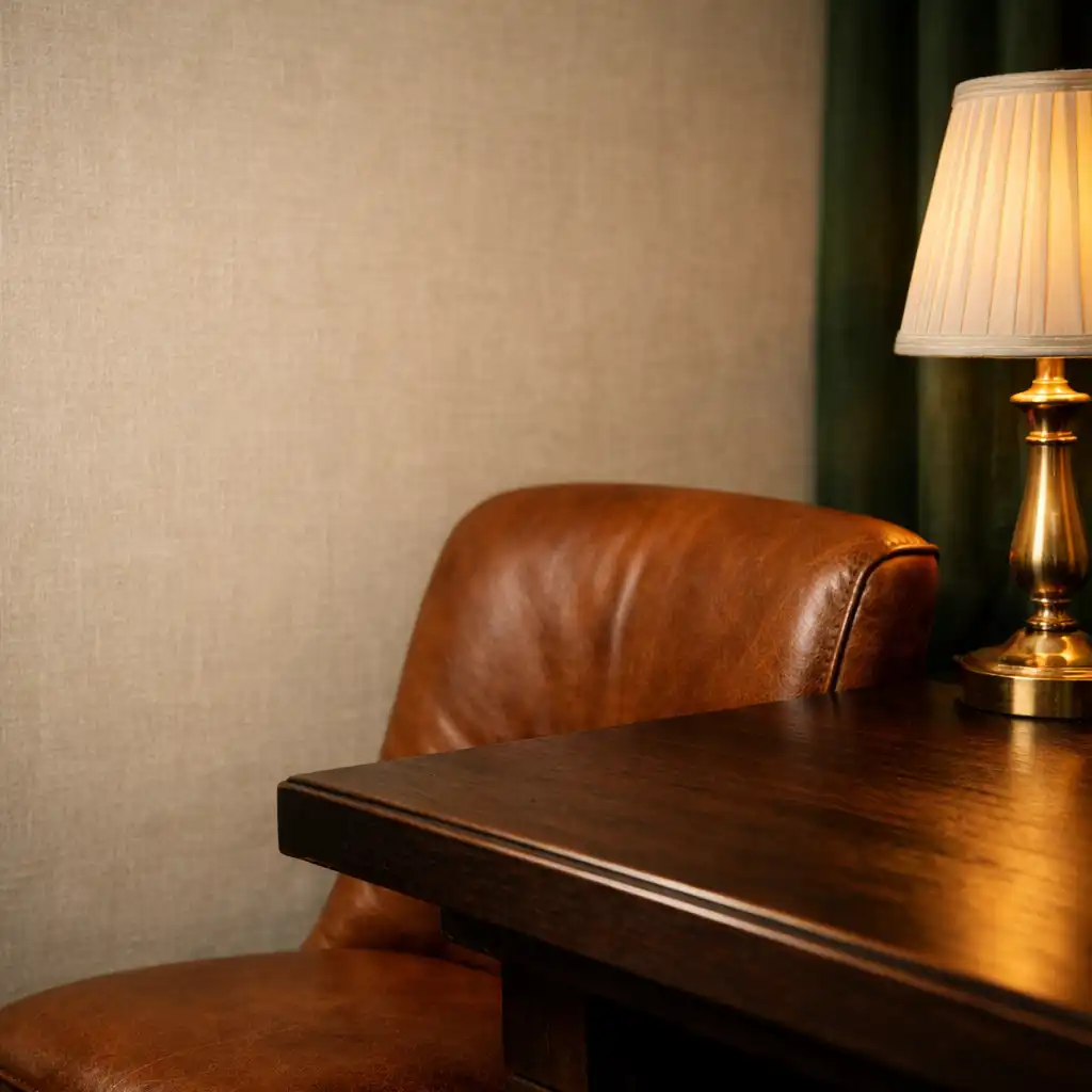 Close-up of a private dining room corner with a leather chair, dark timber table edge, and brass table lamp