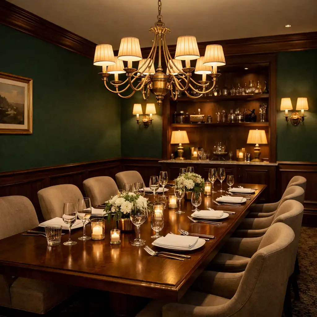 Private dining room with a long wooden table set for eight and a brass chandelier