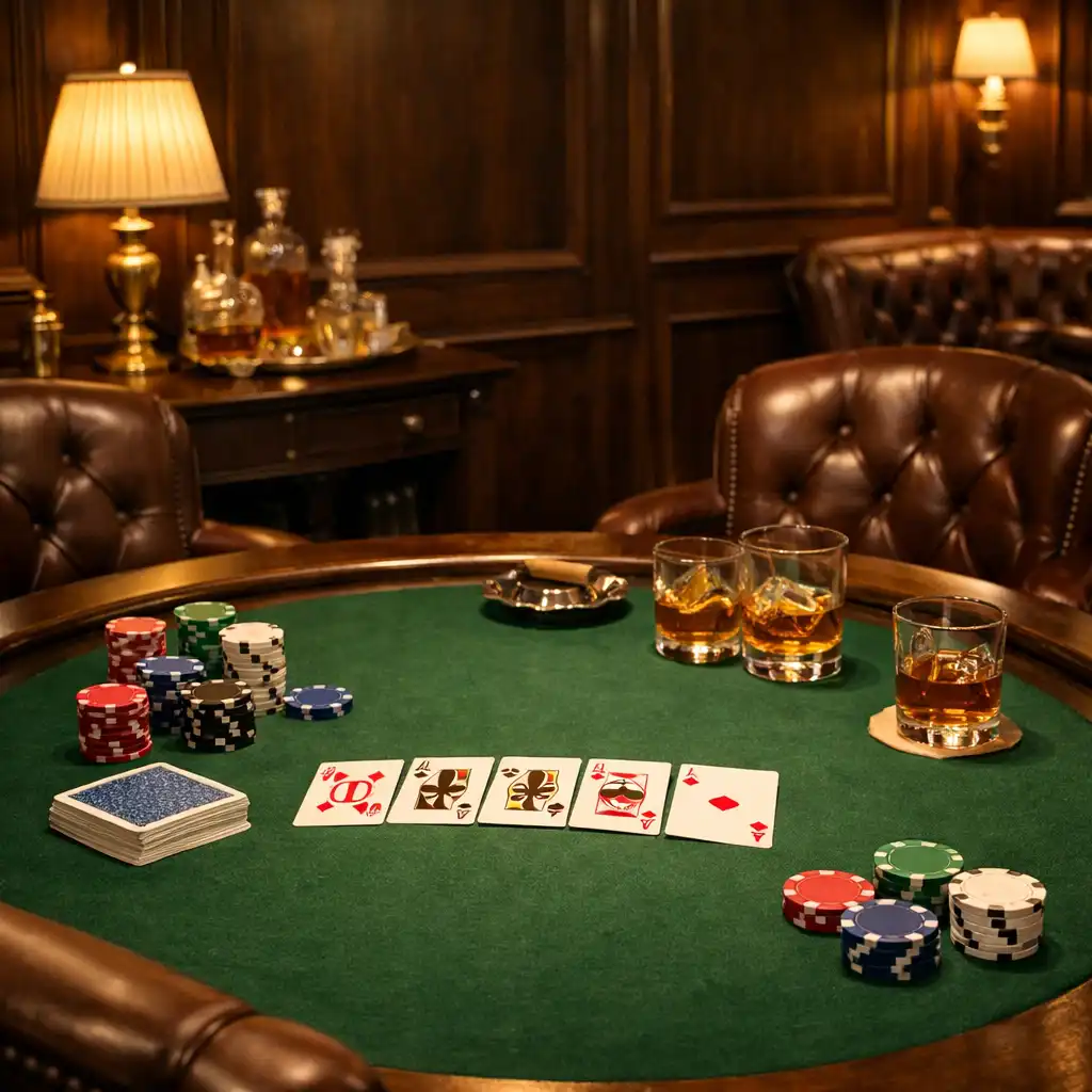 Private poker table with green felt, playing cards, and symbolic chips in an elegant room