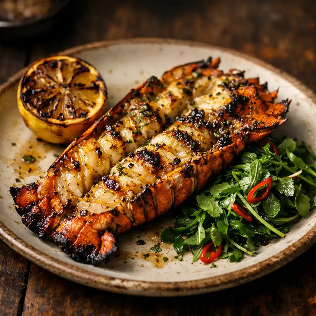 Charcoal-grilled Moreton Bay bug with charred lemon and herb salad on a ceramic plate