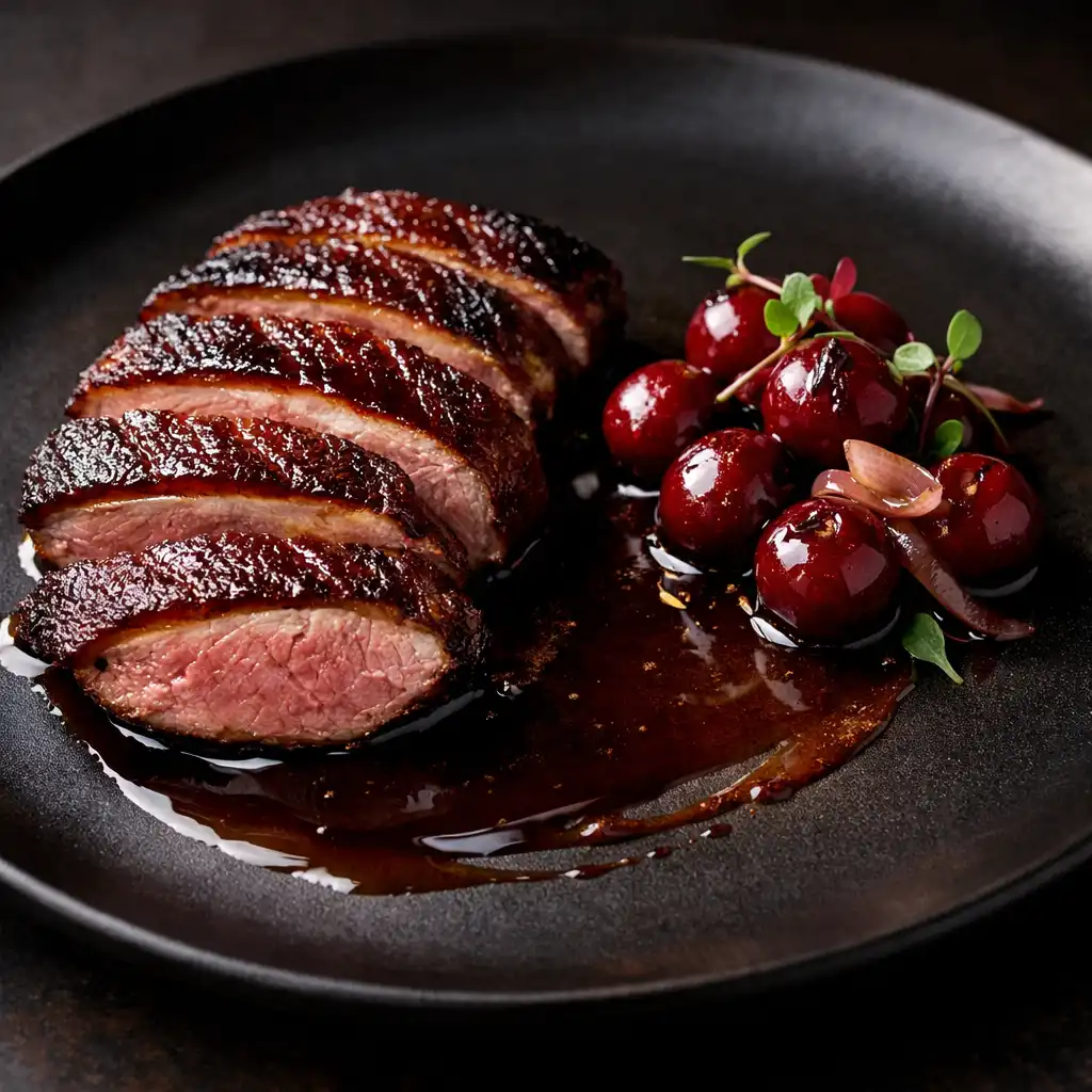 Sliced dry-aged duck breast with pickled cherries and rich jus on a dark plate