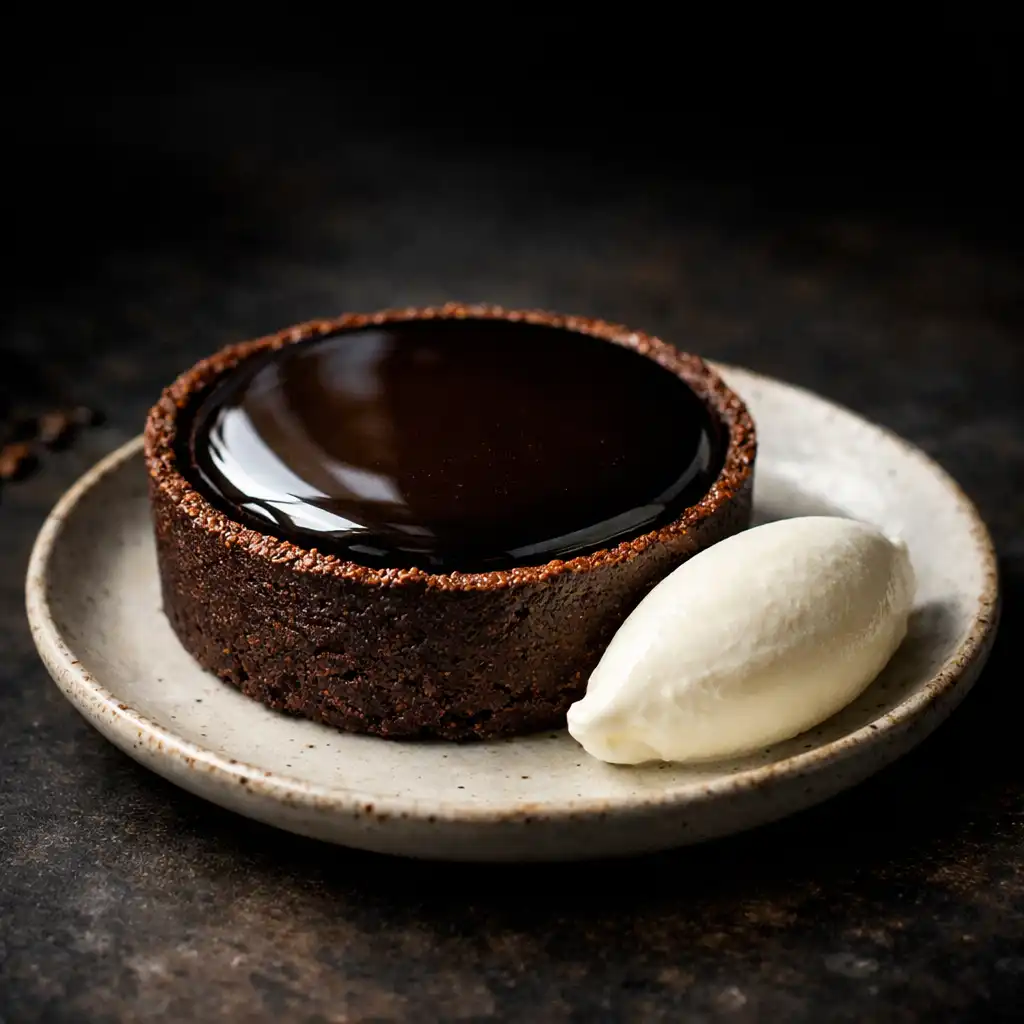 Dark chocolate and wattleseed tart with a quenelle of double cream on a small plate