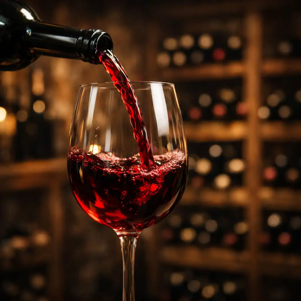 A glass of red wine being poured from a bottle in a dark cellar with wooden racks